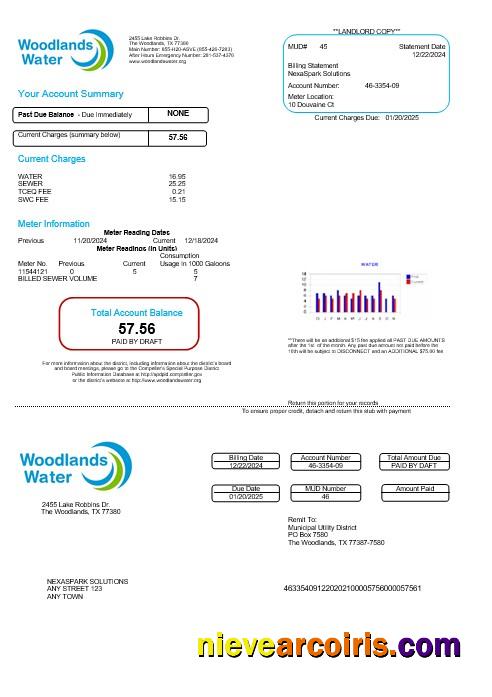 USA Woodlands water business utility bill